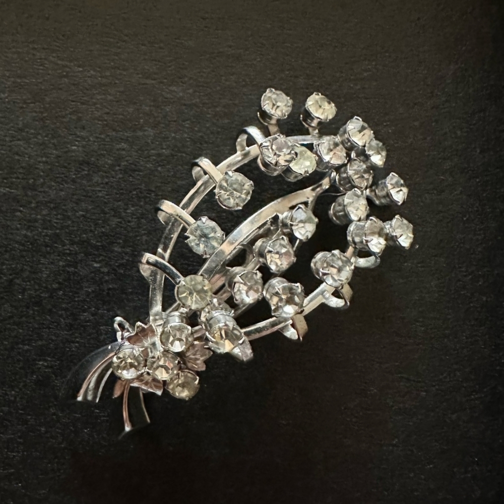 Vintage Silver Tone Wishbone Brooch with Clear Crystals